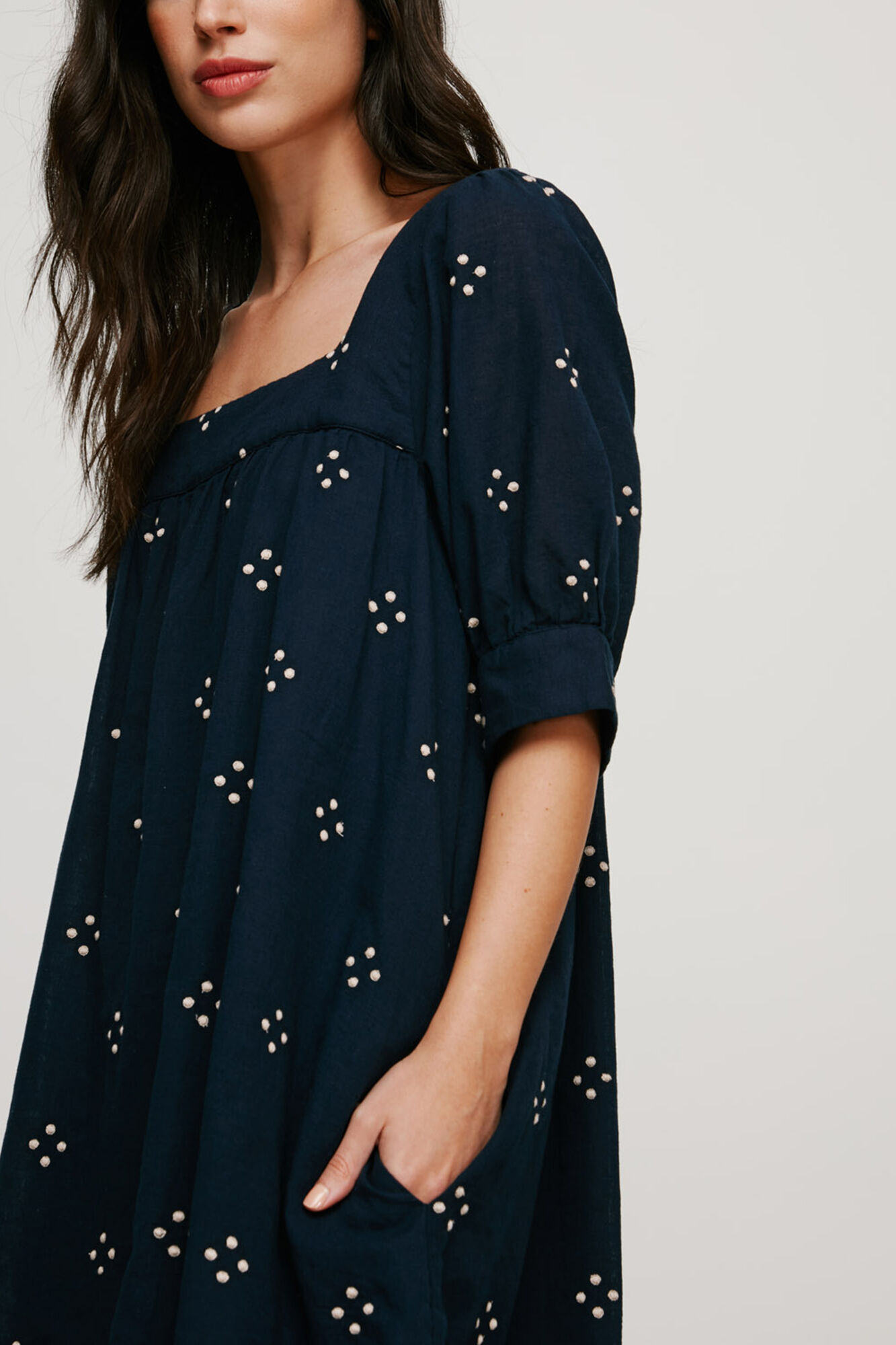 Vestido de manga curta em algodão e linho - Azul marinho