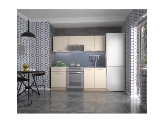 Cuisine design couleur vanille avec plan de travail aspect chêne TOOL