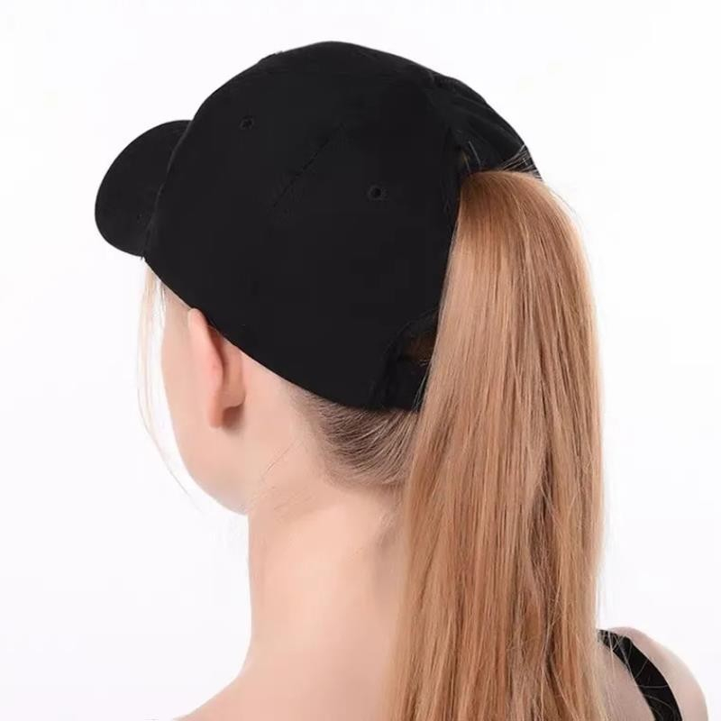 Baumwoll Unisex Baseball Cap Verstellbare Mütze Accessoire mit Zopfloch (One Size) - Schwarz