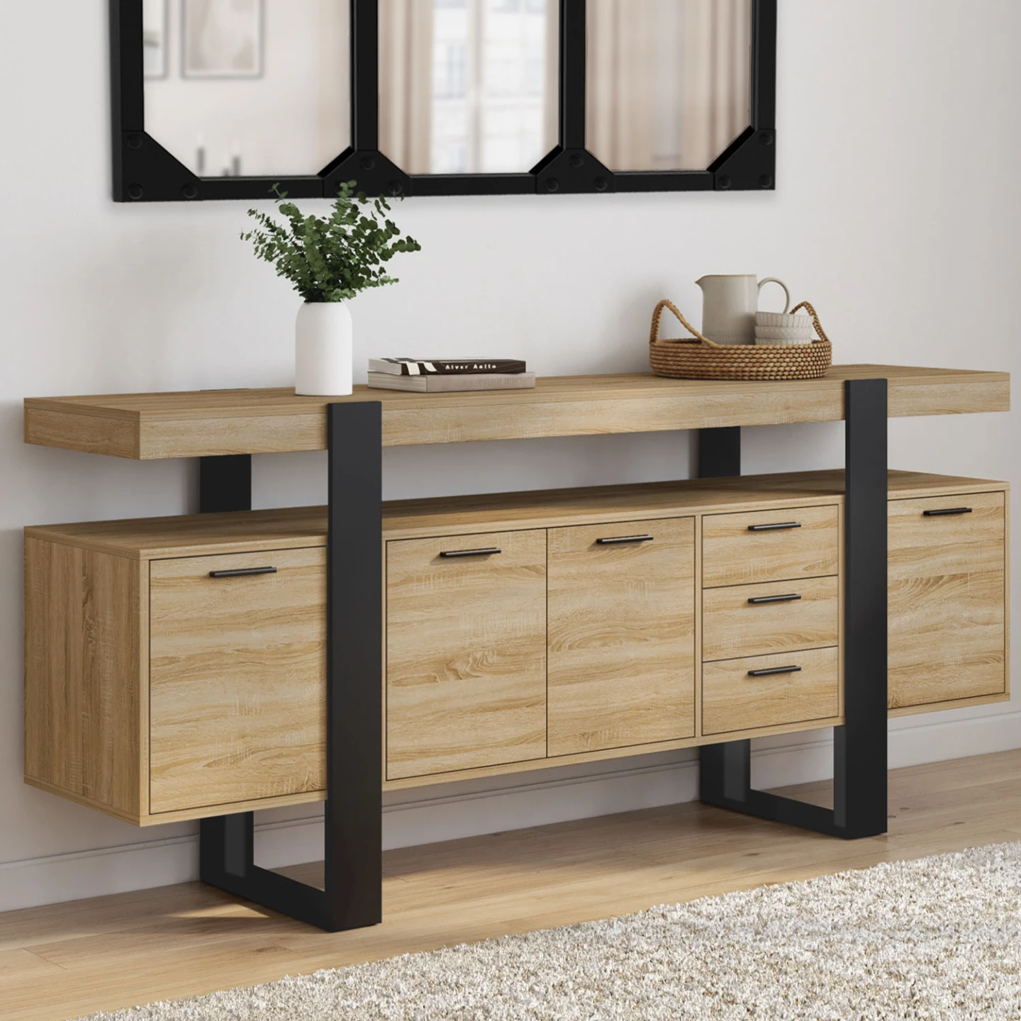 Buffet 180 cm PHOENIX XXL 4 portes et 3 tiroirs bois et noir