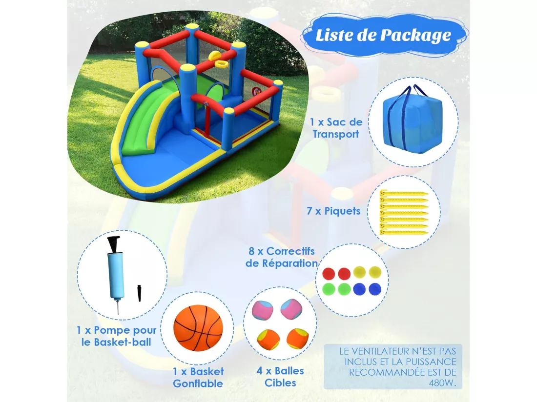 Toboggan Aquatique Gonflable pour Enfants avec Toboggan Balles Cibles, Ballon de Basket Sac de Transport sans Gonfleur