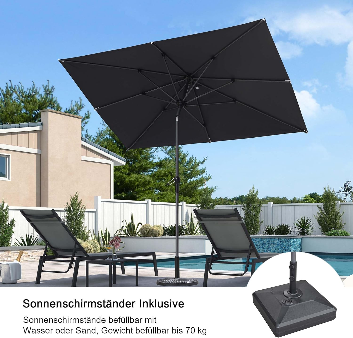 PURPLE LEAF Alu Sonnenschirm mit Schirmständer 270 x 180 cm Balkonschirm Rechteckig Gartenschirm Marktschirm Sonnenschutz für Schwimmbäder, Terrasse, Grau