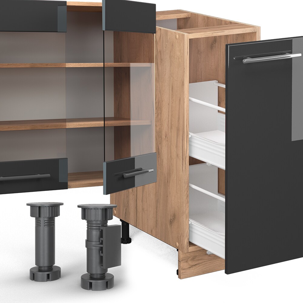 Vicco Küchenzeile Küchenblock Einbauküche Fame-Line Eiche Anthrazit 280 cm modern Spülenunterschrank Unterschrank Schubunterschrank Hängeschrank Mikrowellenschrank Apothekerunterschrank
