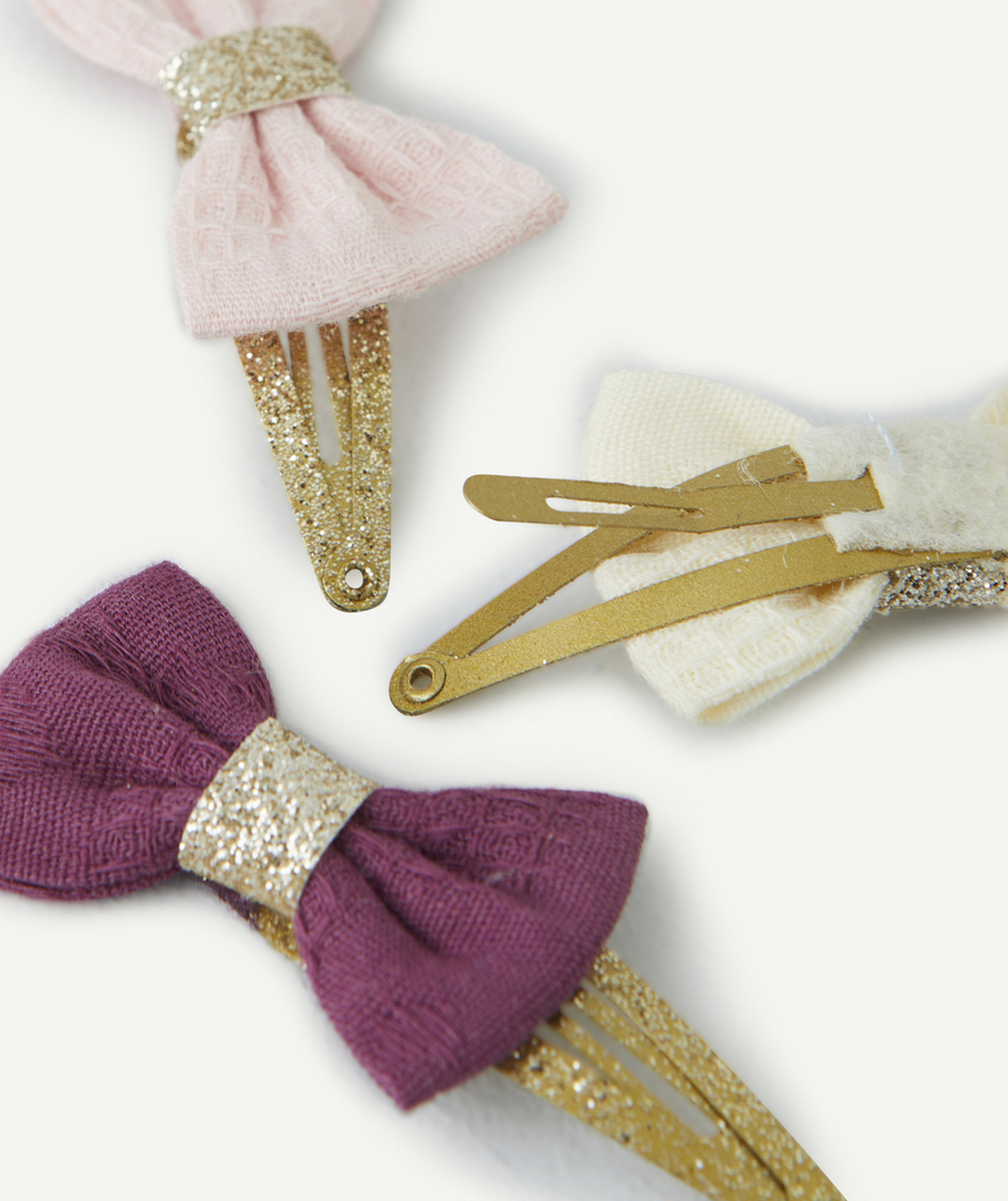 LOT DE 3 BARRETTES BÉBÉ FILLE AVEC NOEUDS ROSE ÉCRU ET VIOLET