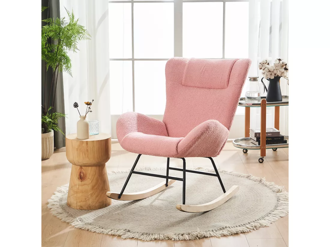 Chaise à Bascule En Tissu Teddy, Rose, Avec Accoudoirs Et Dossier Ergonomique