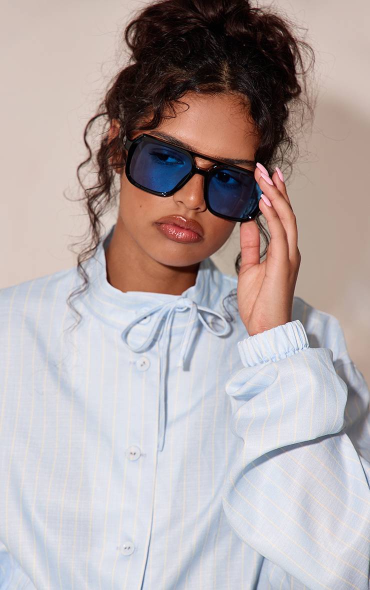 Noir Lunettes Aviateur Monture Bleue Verres Teintés