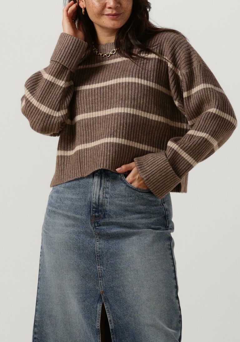beige co'couture trui row stripe box crop knit