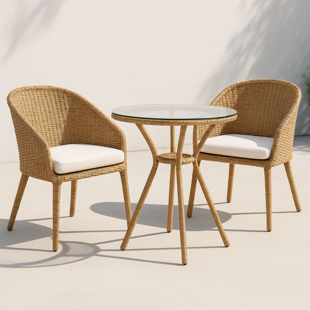 Gartenmöbel Set Rattan Tisch mit Glasplatte und Kissen Beige