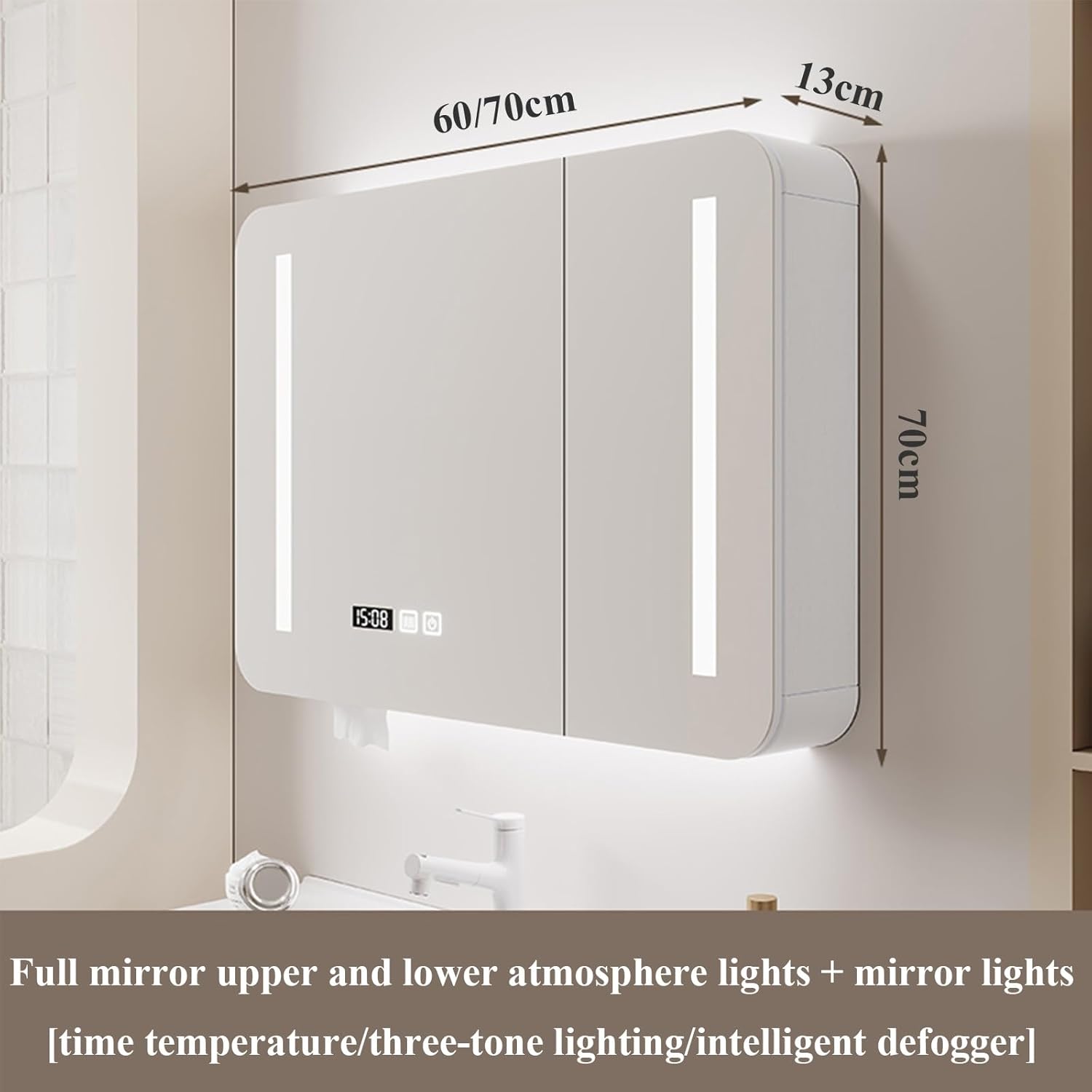 Beleuchtet Spiegelschrank Bad Wandschrank Modern 3 Farben Intelligenter Kosmetikspiegel Mit Stauraum LED-Uhr Antibeschlag Uhr- Und Temperaturanzeige/Touch-Schalter/Dimmer/Defogger(60cm)