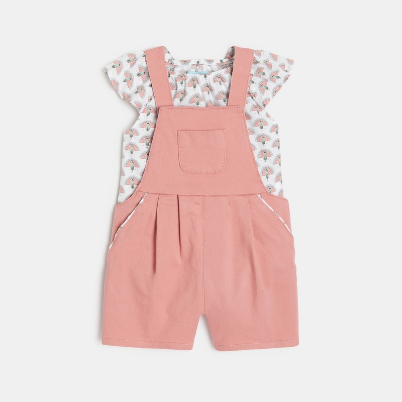Salopette courte et blouse paons rose bébé fille