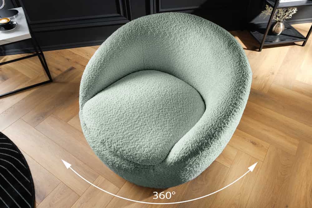 Drehbarer Design Sessel ALPINE salbei Bouclé 360° mit Armlehnen