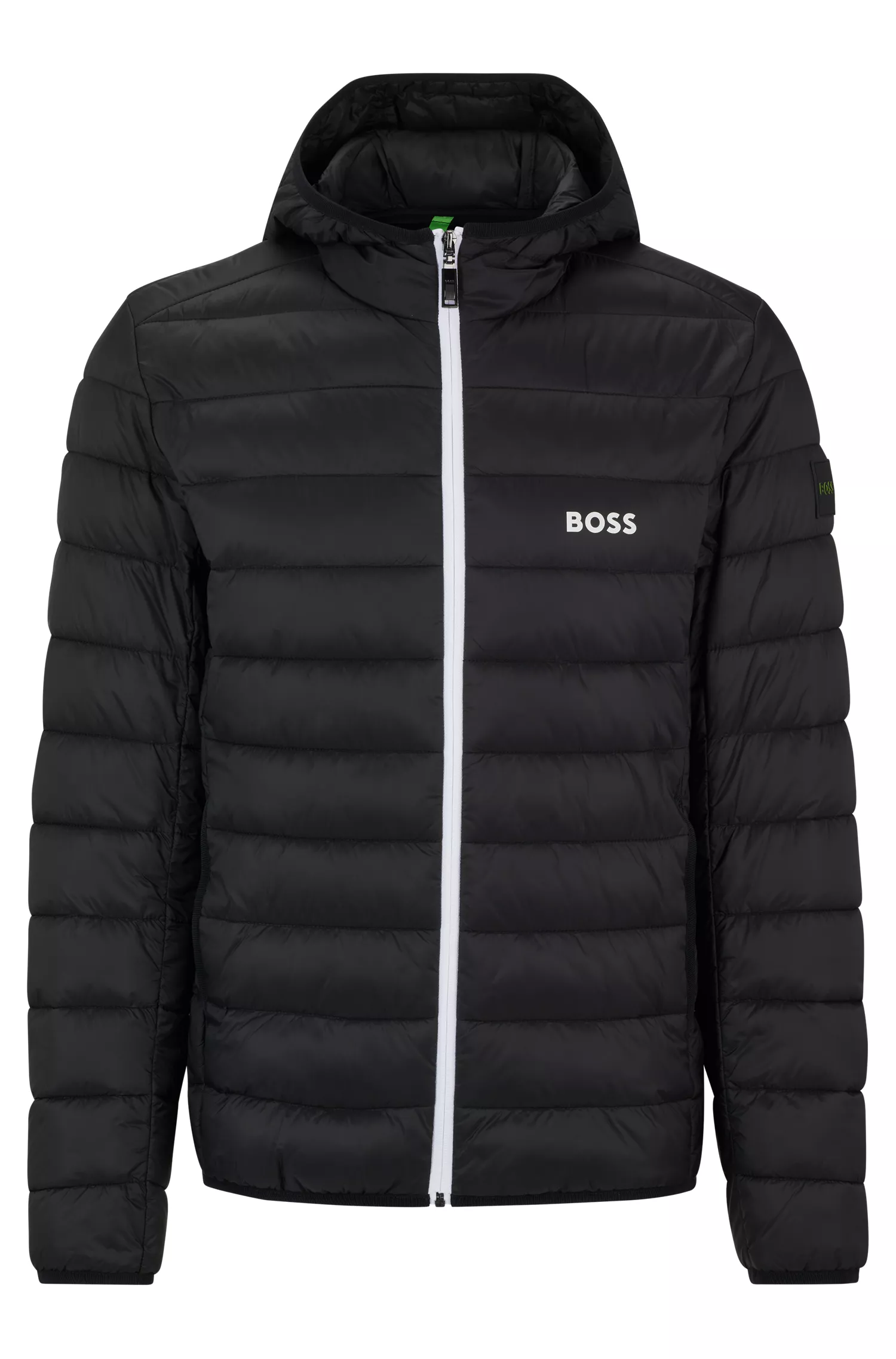 Jaqueta puffer verde-água da BOSS com detalhes da marca.