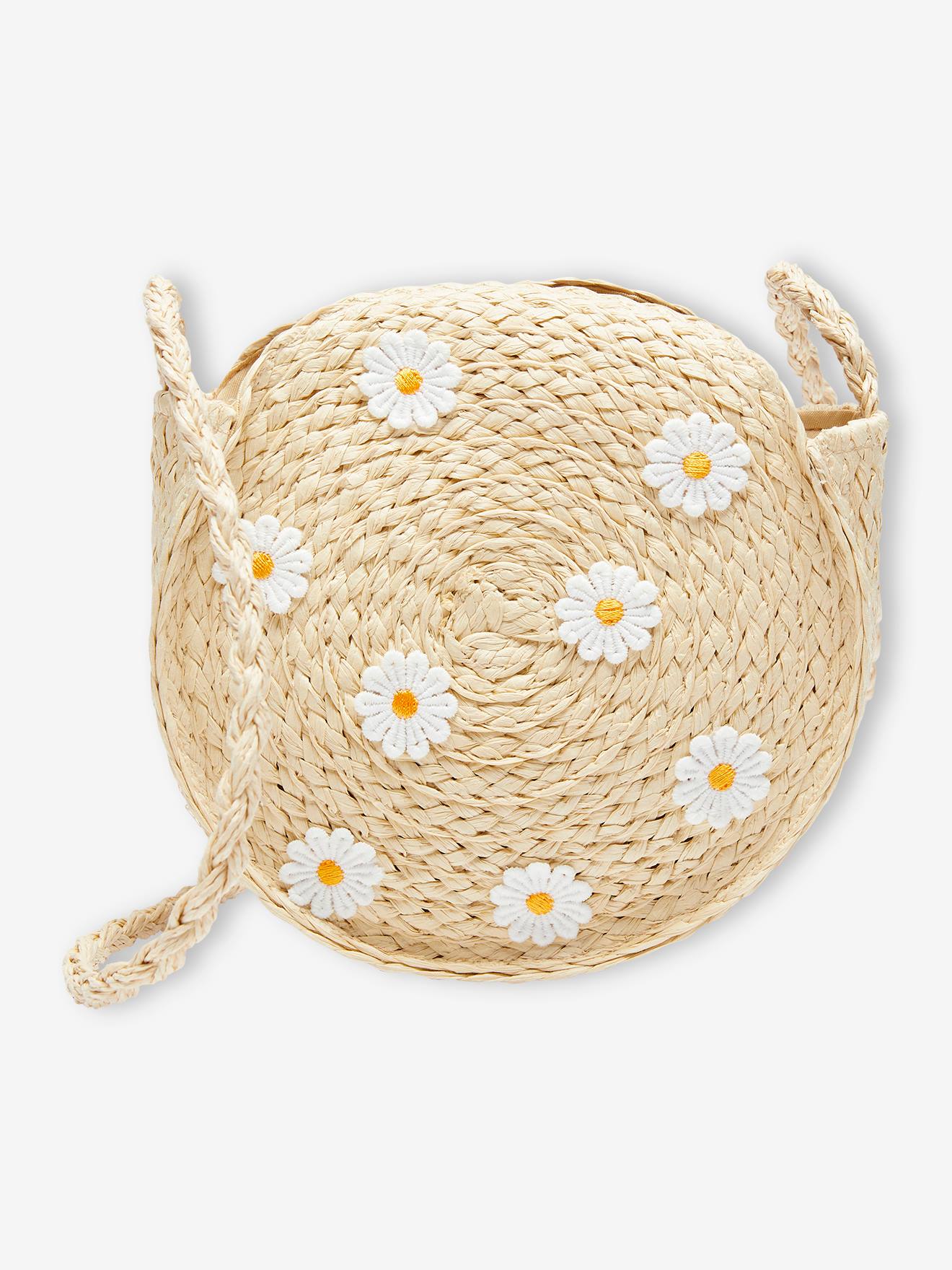 Bolsa redonda de palha com estampa de margaridas para meninas, bege areia.