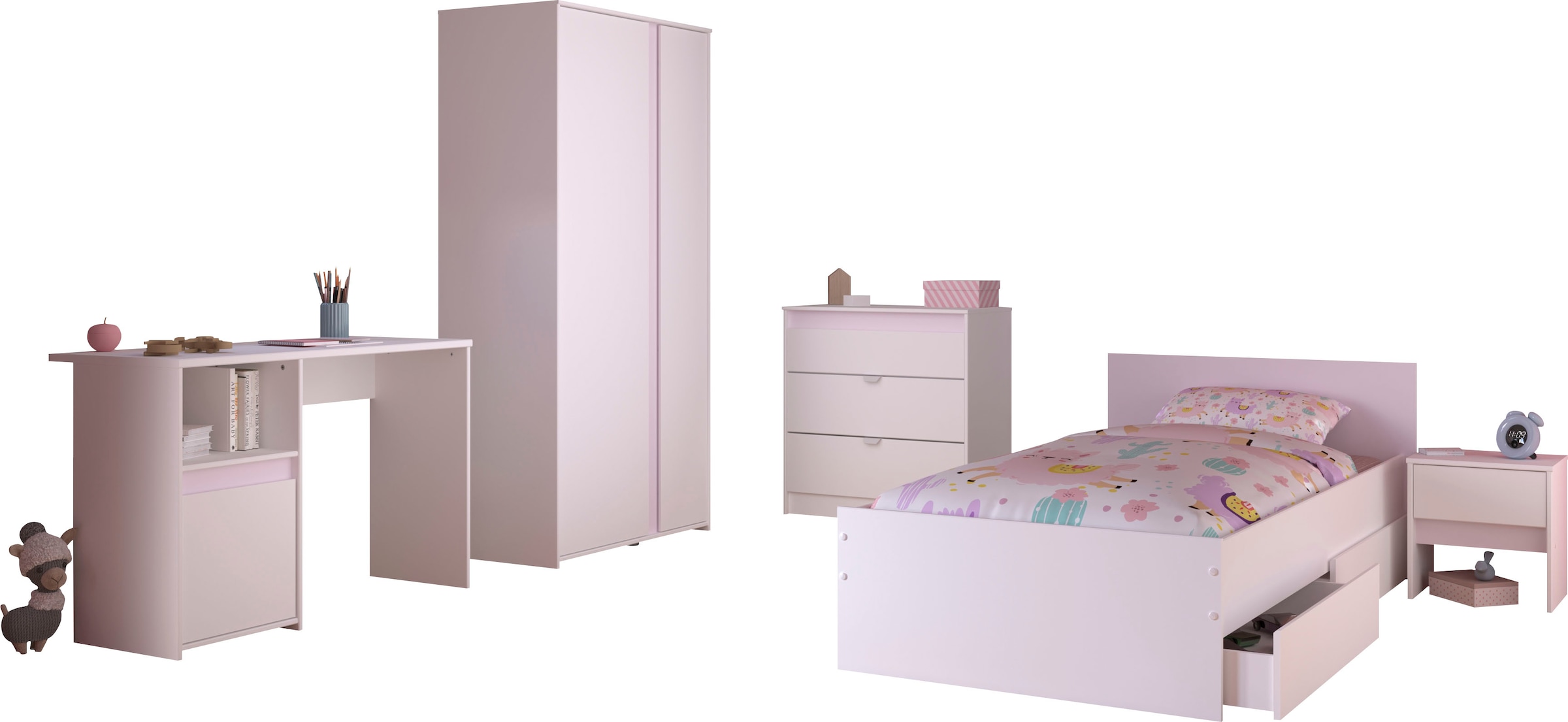 Parisot Jugendzimmer-Set »Pirouette, farbige Einsätze drehbar- Rosa oder Grau« Set, Schreibtisch, Bett, Schubkasten, Kleiderschrank, Kommode, Nachttisch, 6 Stk. tlg. komplettes Jugendzimmer, für alle Zielgruppen