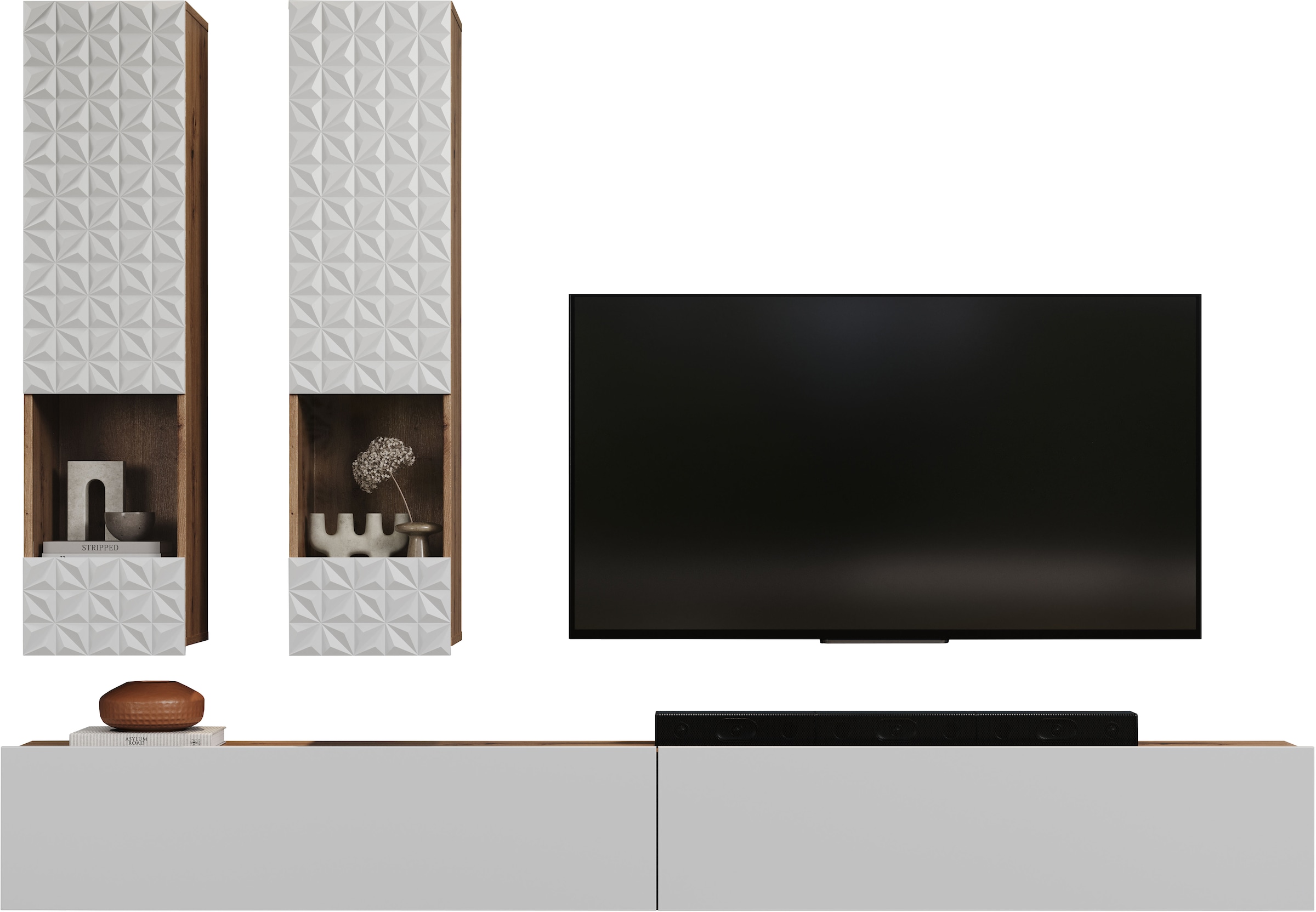 INOSIGN Wohnwand »Rezzo, 2 Hängevitrinen mit Relief-Front, 2 Lowboards je Br. 120 cm« Komplett-Set, 4 Stk. tlg.