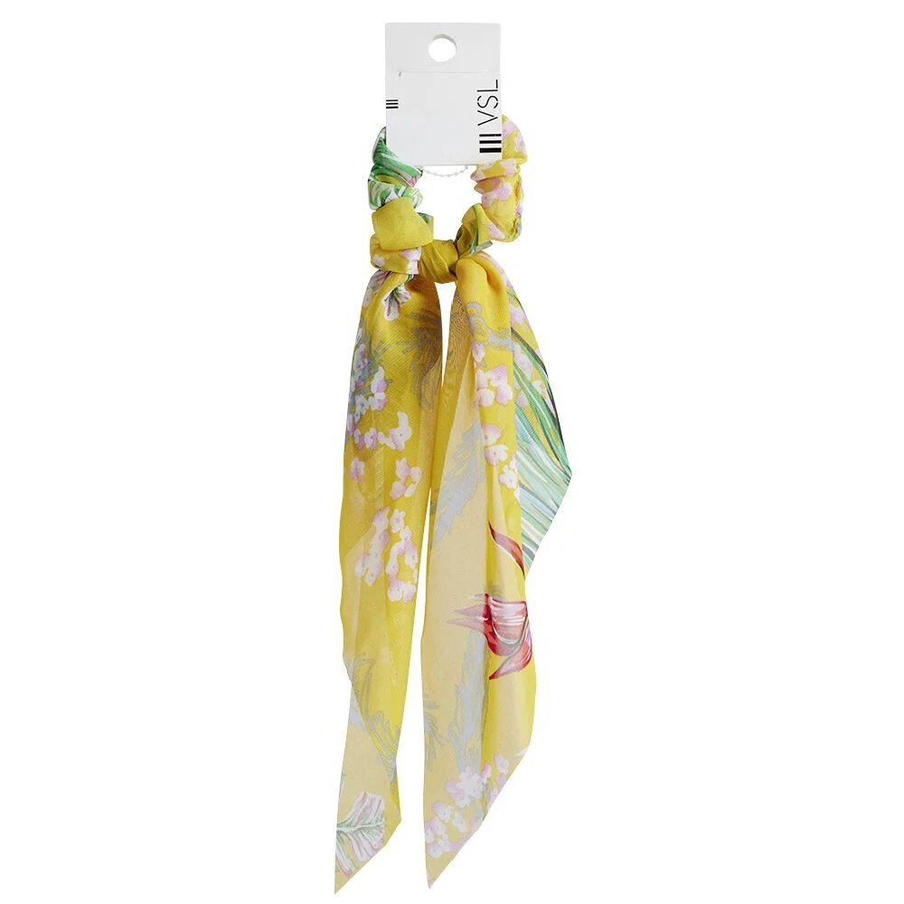 Chouchou foulard jaune motif tropical vert et corail