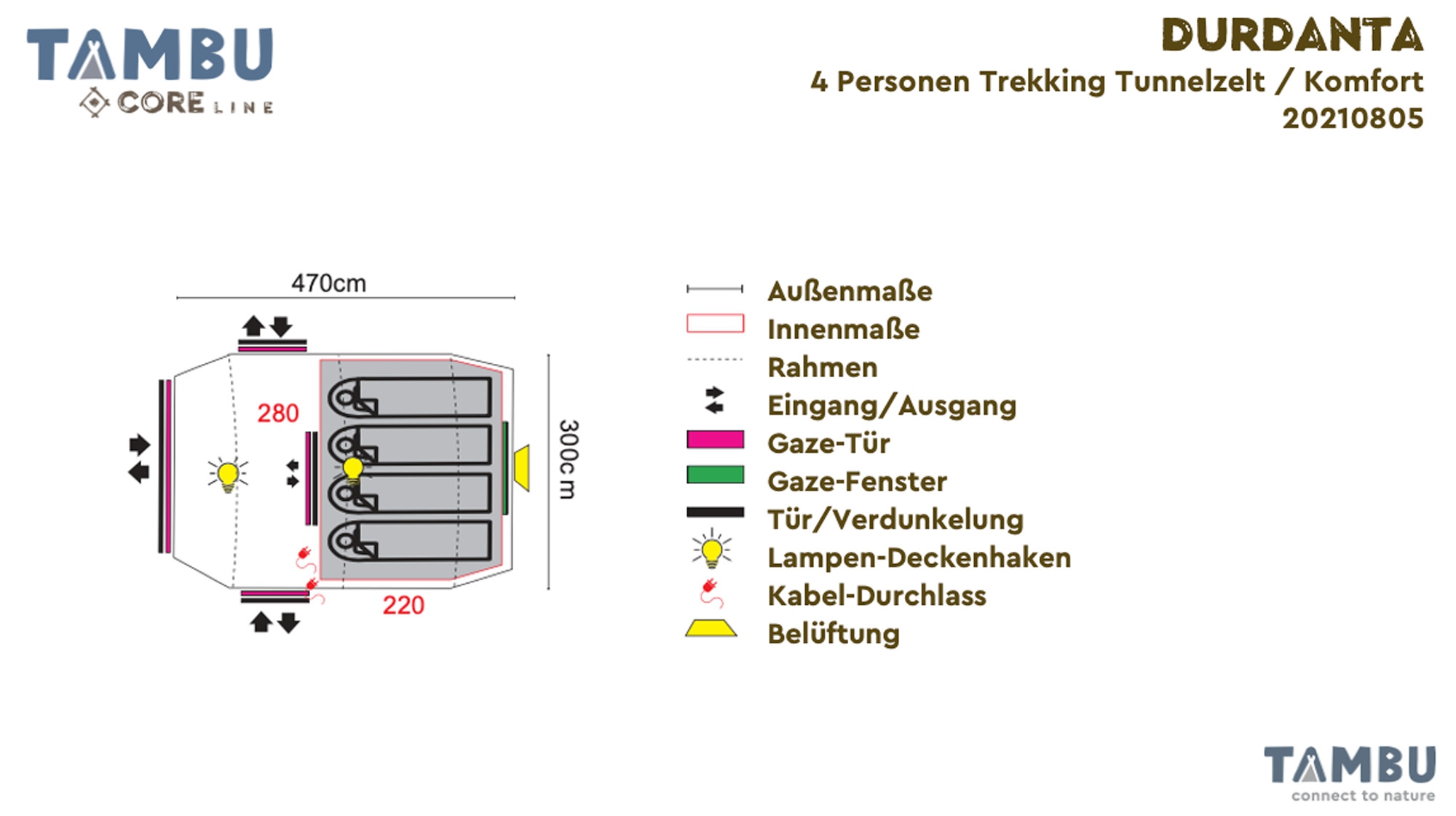 Tambu Durdanta Komfort Trekking Tunnelzelt braun für 4 Personen
