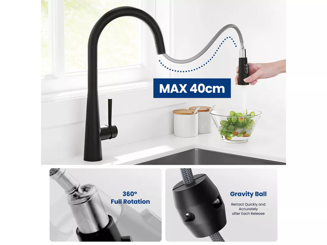CECIPA MAX Evier 1 Bac en Quartz et Résine Noir Gris 55*44*20cm + Mitigeur de Cuisine avec Douchette Extractible Avec 3 Modes de Sortie D'eau Noir