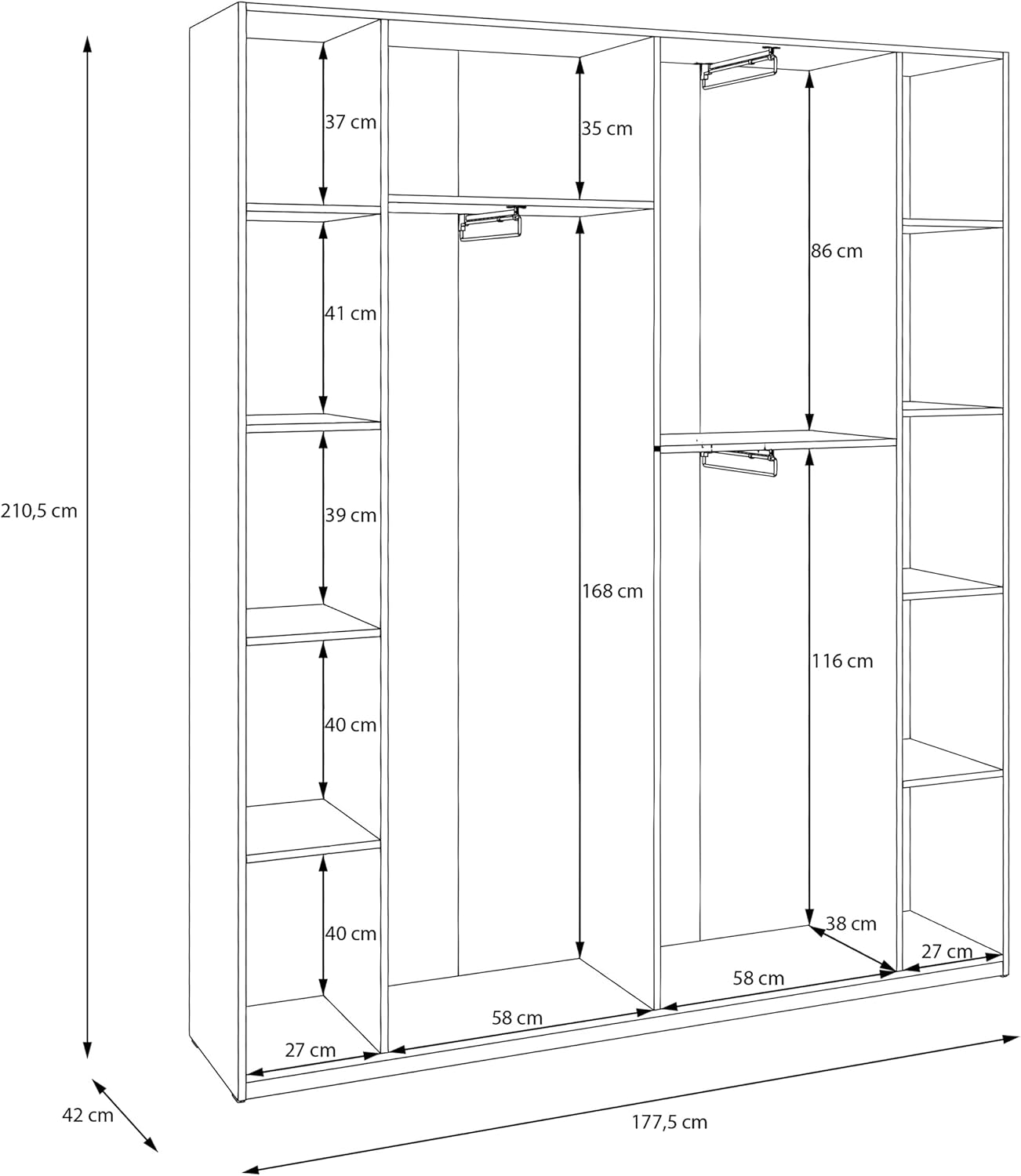 Forte Home Nook Mehrzweckschrank 180 40, moderner Drehtürenschrank mit 4 Türen,Flur, Holzwerkstoff, Weiß, 177,5 cm breit x 210,5 cm hoch x 42 cm tief
