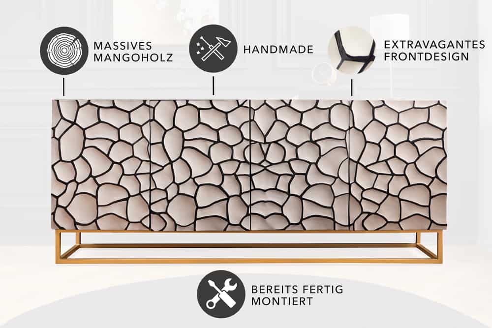 Massivholz Sideboard VULCANO 180cm weiß schwarz Mangoholz mit 3D Schnitzereien handmade Metallgestell gold