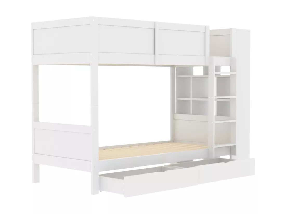 lit superposé 90 x 200 cm,lit enfant avec meuble de rangement, deux tiroirs de rangement, sommier à lattes,blanc