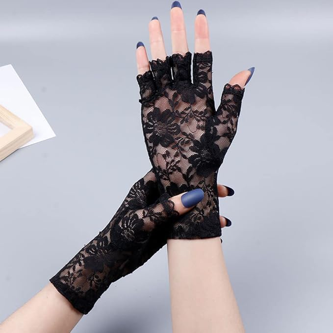(1 Paar) Kurze Spitzenhandschuhe Fingerlose Fashion Handstulpen - Schwarz