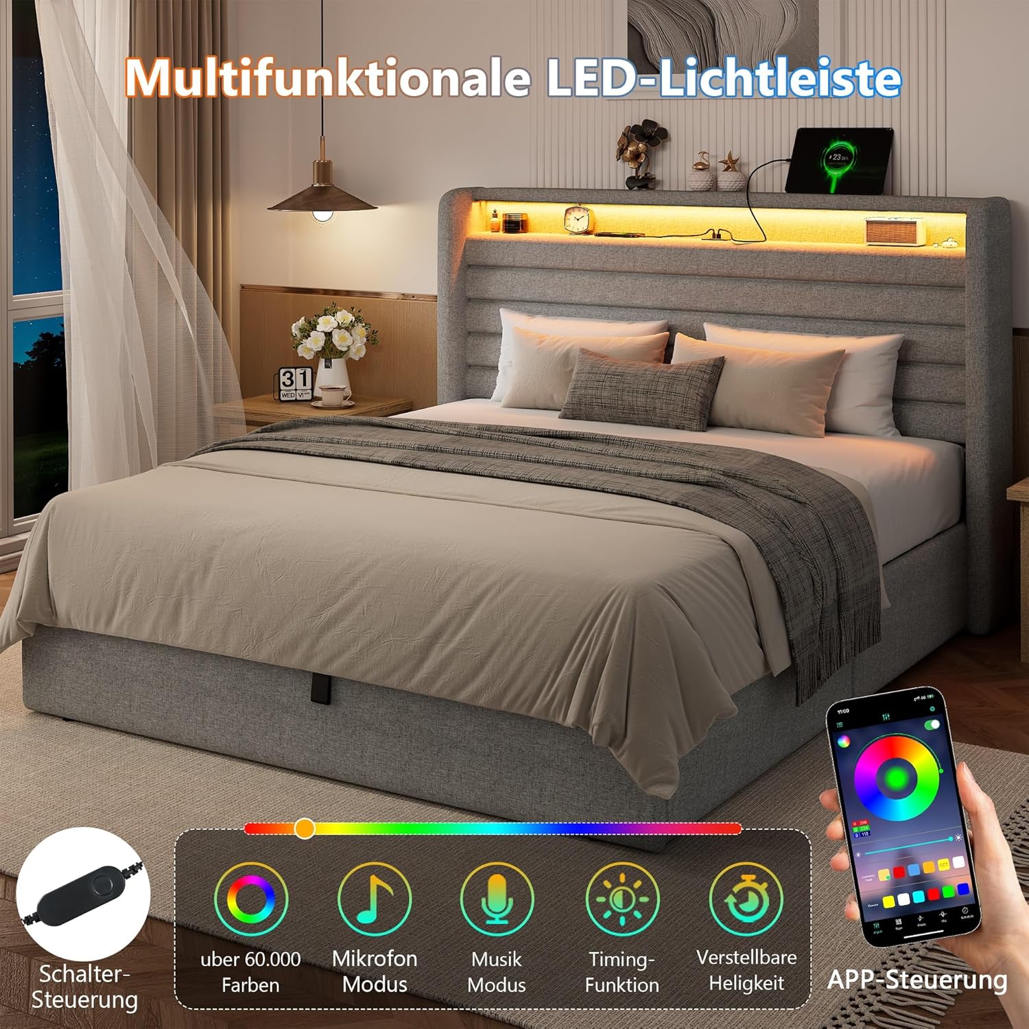 FEONASE Bett 140x200 mit Stauraum, Polsterbett 140x200 cm mit LED-Beleuchtung & Ladestation, Bettgestell mit Hydraulischem und Leinen Kopfteil Stauraum, Lattenrost, Ohne Matratze, Hellgrau