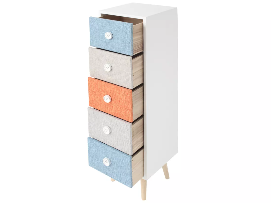Commode 5 Tiroirs Moderne en bois et tissu pour Chambre d'enfant