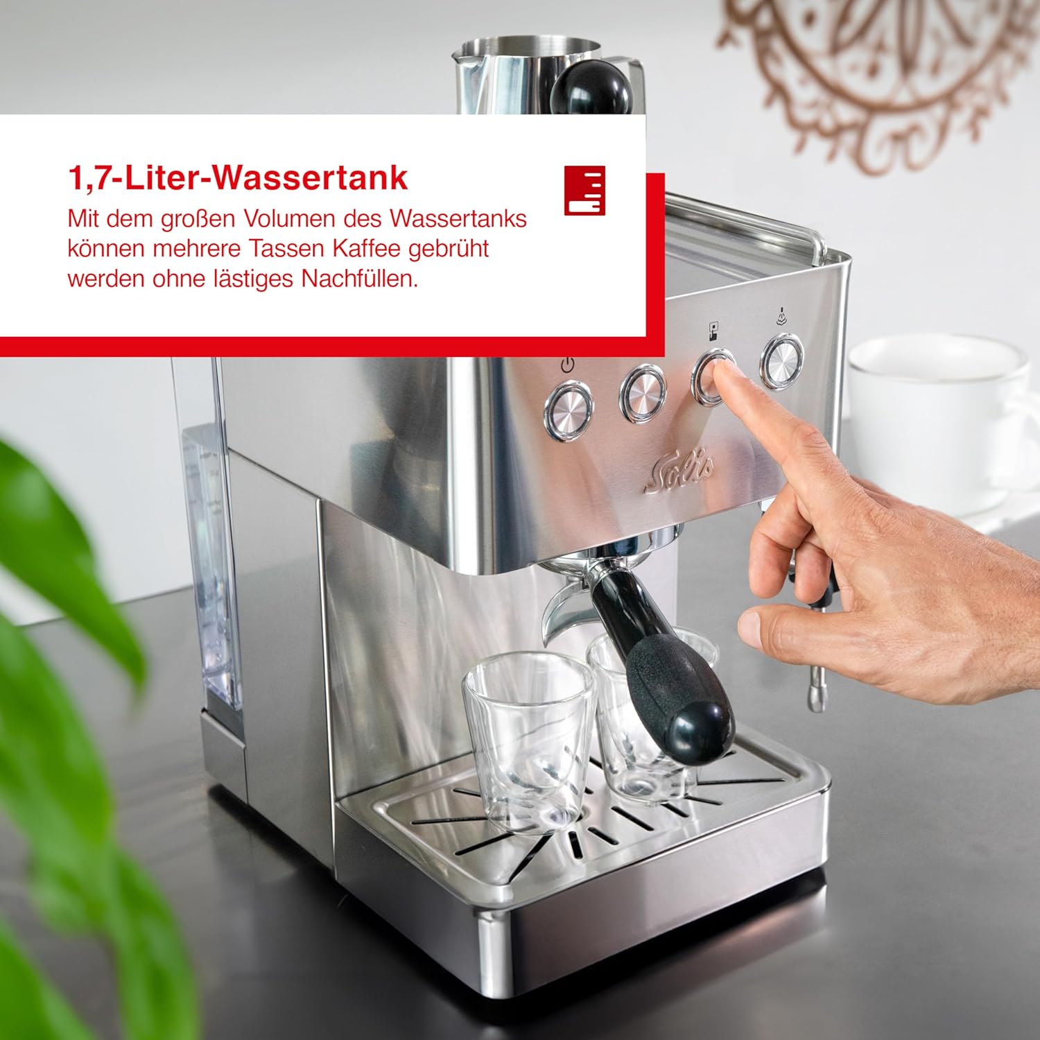 Solis Barista Gran Gusto Espressomaschine, Kaffeemaschine mit abnehmbaren Wassertank, Halbautomatische Siebträgermaschine mit 58 mm Profi-Siebhalter, Heißwasser- und Dampffunktion, Edelstahl, silber