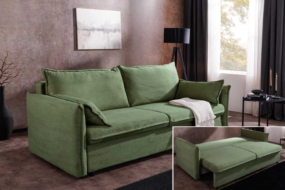 Design Schlafsofa APARTMENT 215cm grün Cord 3-Sitzer Couch inkl. Bettkasten Kissen