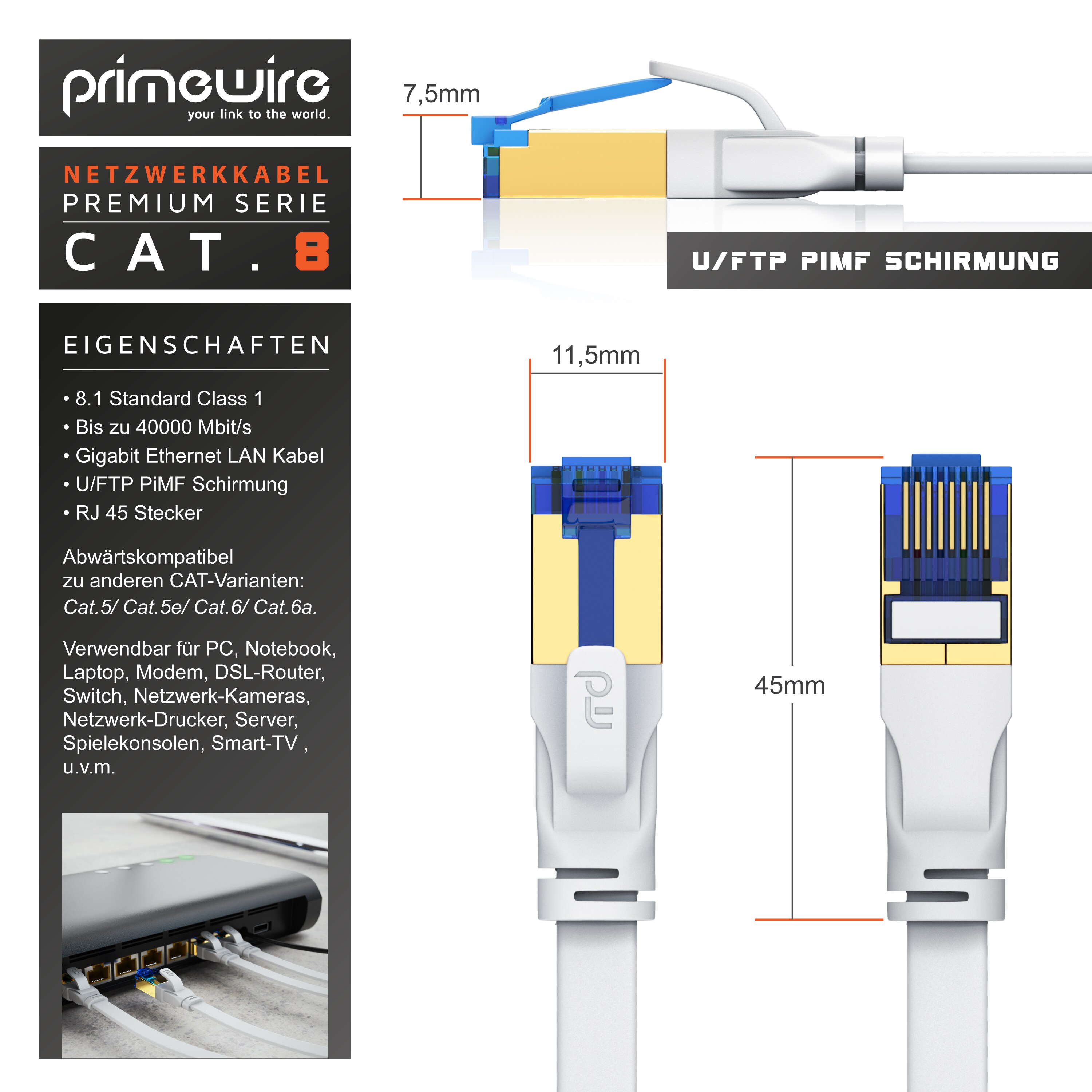 Primewire Flachbandpatchkabel CAT 8 - Gigabit Ethernet LAN Kabel - 40 Gbit/s - S/FTP PIMF Schirmung - Netzwerkkabel - 0,5m