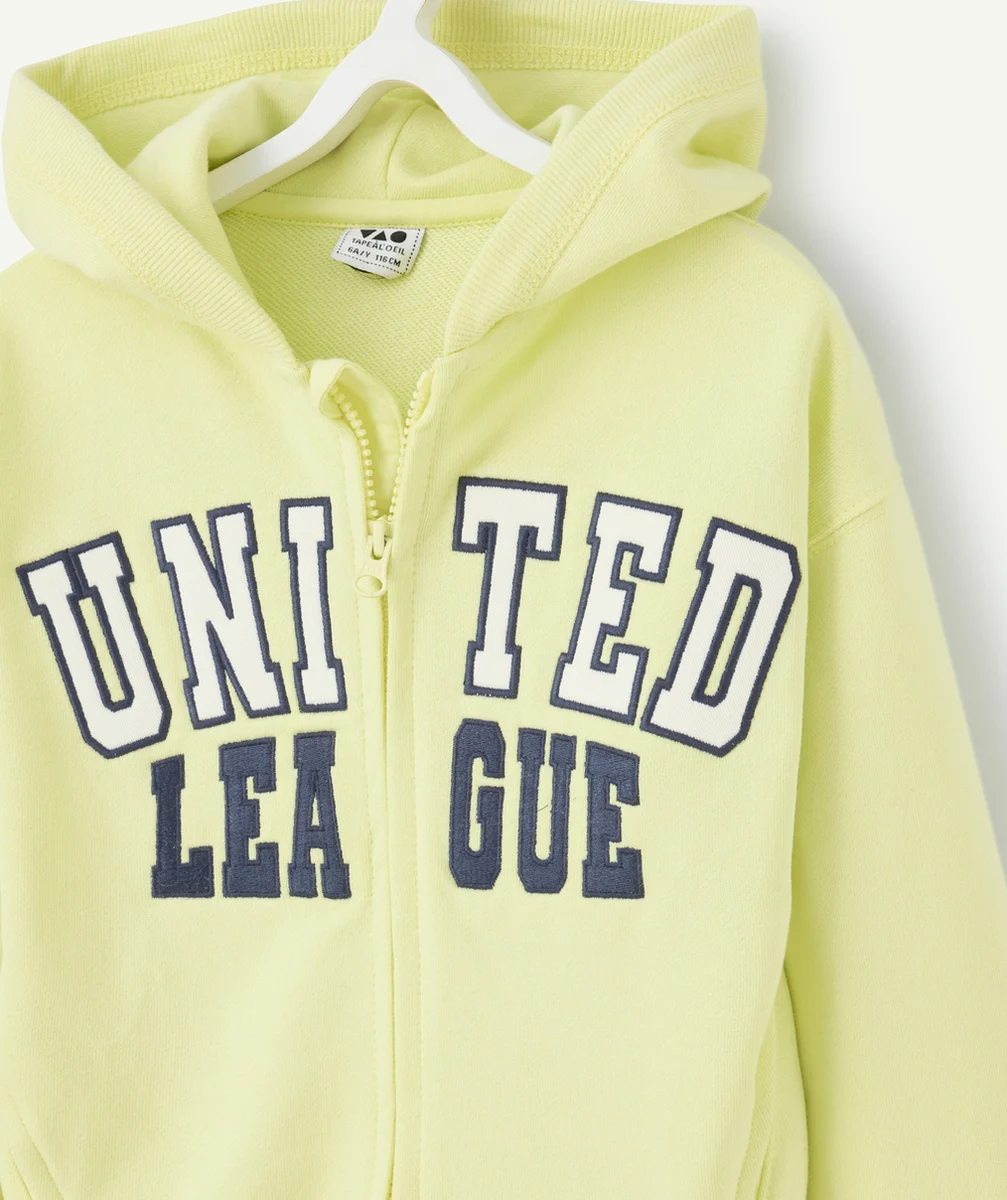 sweat zippée à capuche garçon en coton bio jaune acide