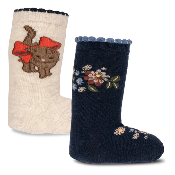 Konges Sløjd Lot 2 Paires Chaussettes Coton Bio Fleurs Chats Lapis | Bleu marine
