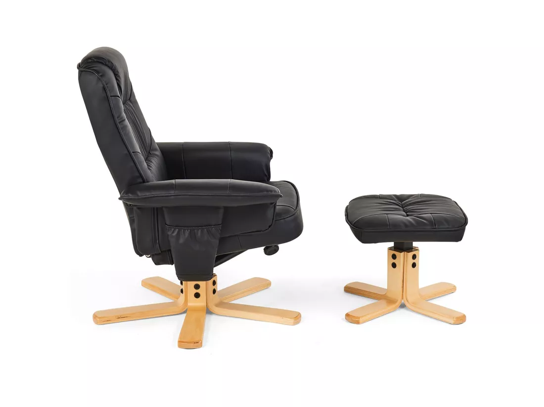 Fauteuil de relaxation CHARLY avec repose-pieds pouf siège pivotant dossier inclinable assise rembourrée relax, en synthétique noir
