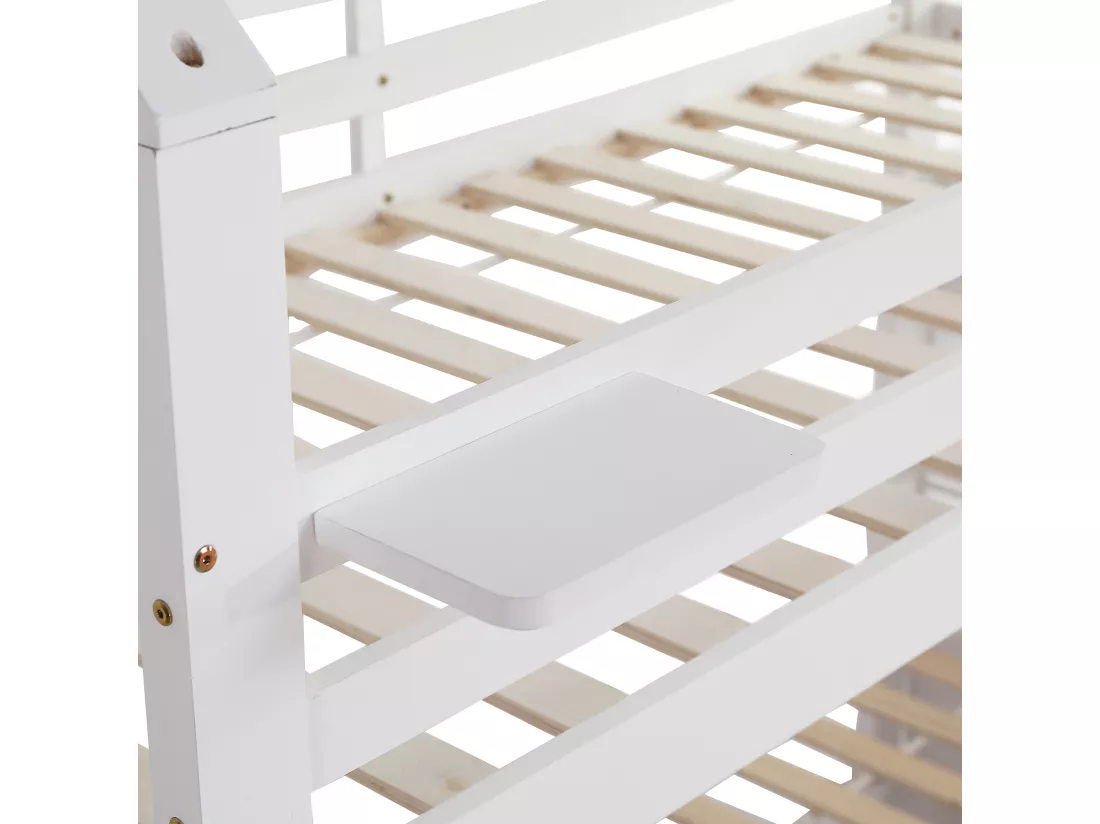 Lit superposé en bois de pin et MDF - 90x200 cm + 140x200 cm - avec échelle de rangement et 2 tiroirs - Blanc
