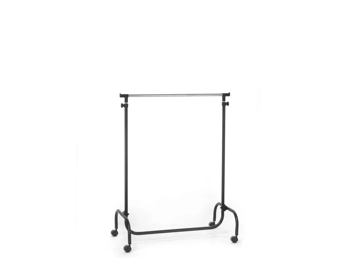Portant à vêtements TIGER penderie simple sur roulettes vestiaire mobile avec 1 barre de hauteur réglable, en métal chromé et noir