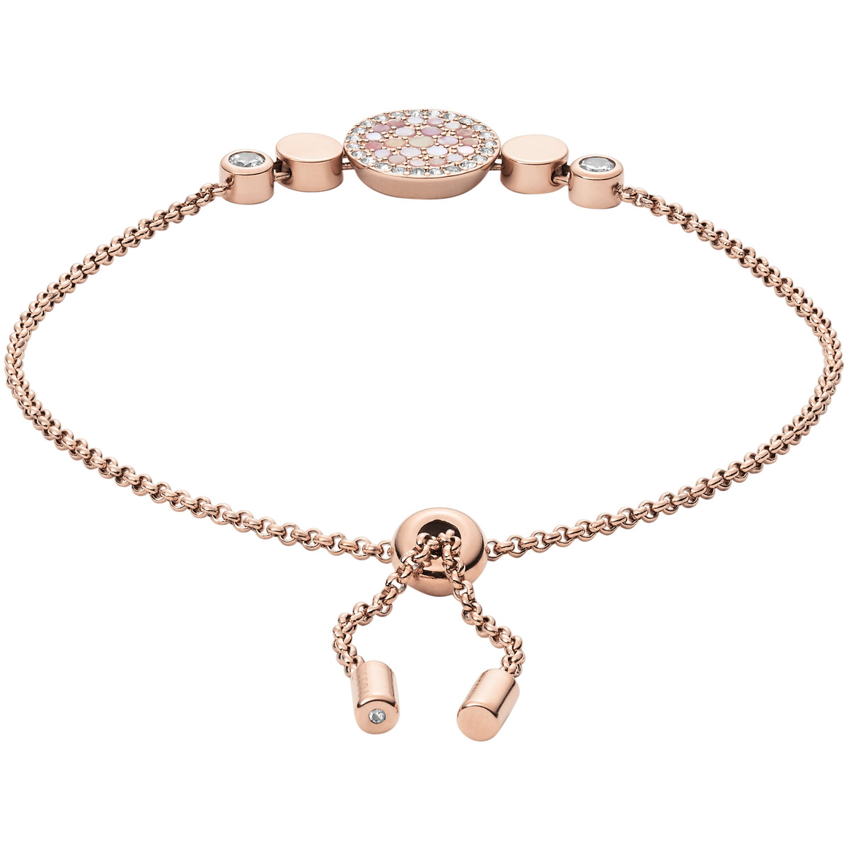 Bracelet FOSSIL acier inoxydable doré rose nacres et strass.
