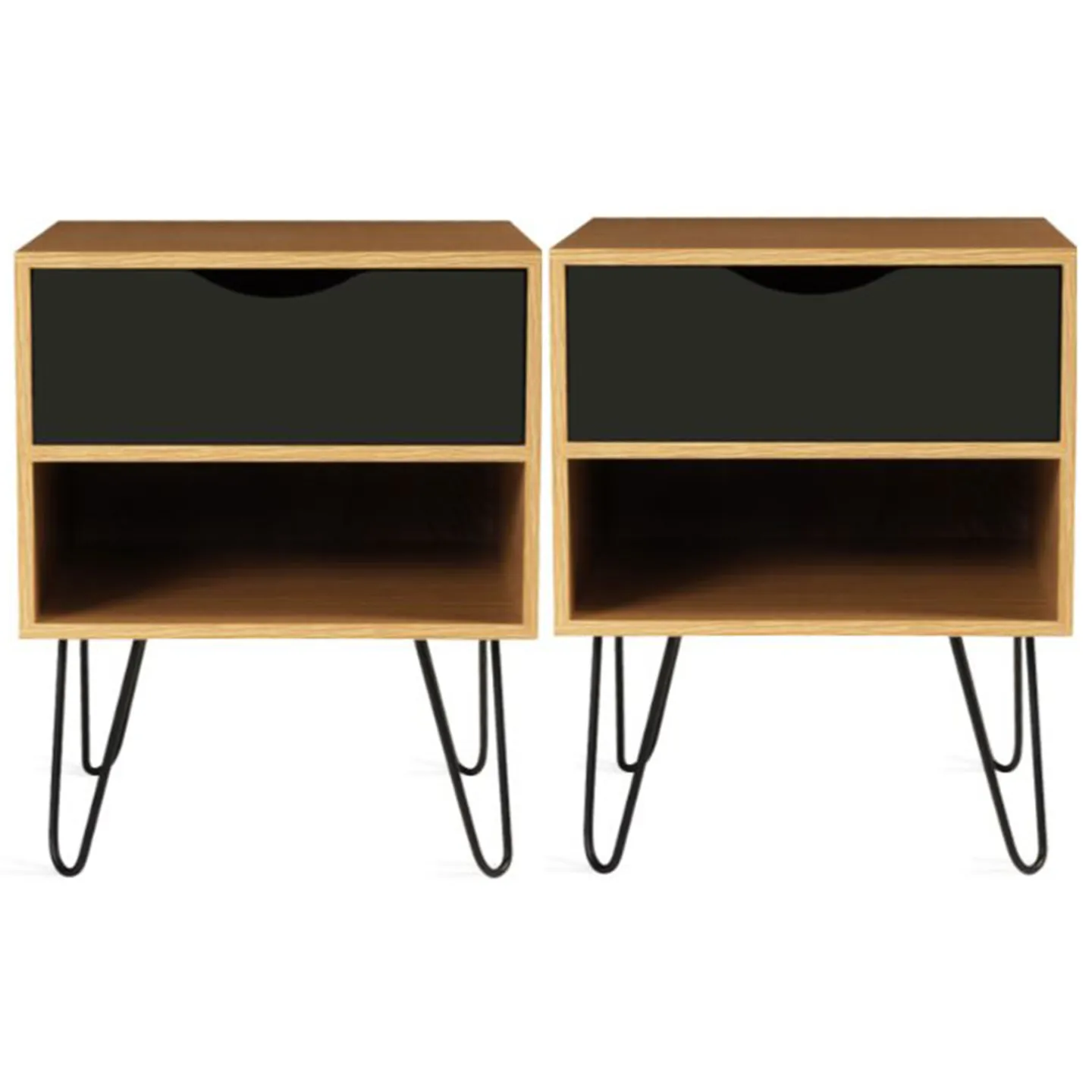 Lot de 2 tables de chevet NOEMI 1 tiroir avec niche bois pied épingle