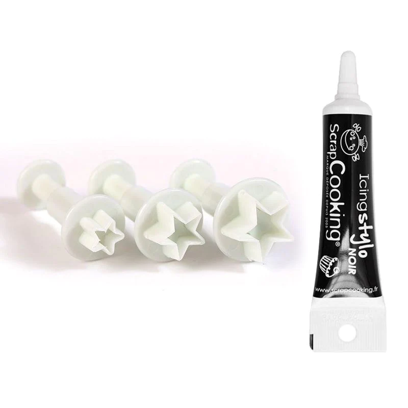 3 emporte-pièces à poussoir en plastique Etoile + Stylo de glaçage noi