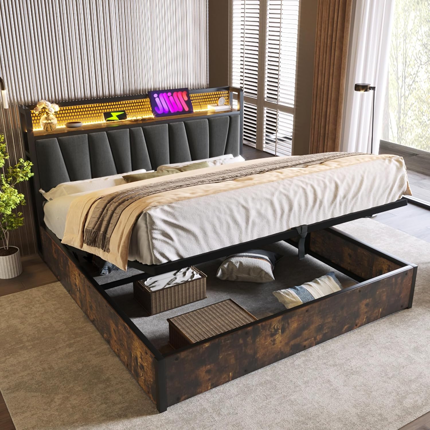 Polsterbett 180x200cm, Hydraulisch Doppelbett mit Stauraum und Lattenrost, LED Kopfteil mit USB Ladefunktion, Stauraumbett Metallbett Jugendbett Bettgestell, Leinen (Grau, Ohne Matratze, 180x200cm)