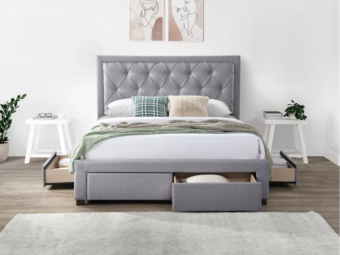 Lit avec tiroirs 140 x 190 cm - Tissu - Gris clair - LEOPOLD