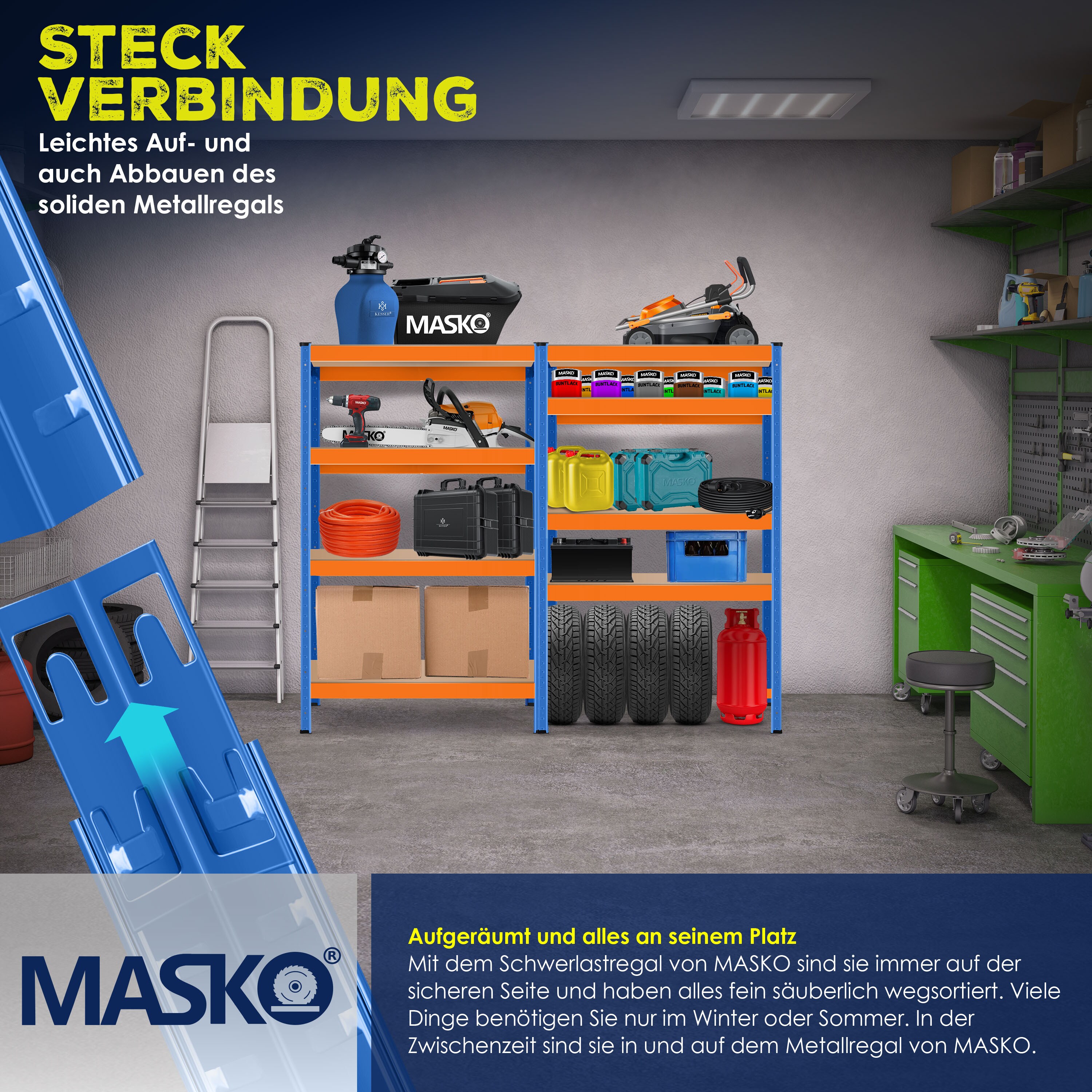MASKO® 2er-Set Lagerregal Schwerlastregal, Kellerregal , bis 875 kg belastbar, 5 verstellbare Ablagen, MDF-Platten Regal aus Metall, Steckregal, Werkstattregal, Keller, Garage
