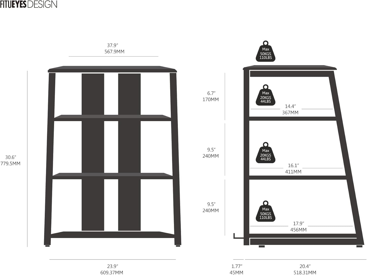 FITUEYES Design HiFi Rack aus Holz & Stahl, Plattenspieler Tisch mit verstellbaren Ablage, HiFi Regal für Plattenspieler & Stereoanlagen & Kompaktanlage, 61 x 52 x 78 cm