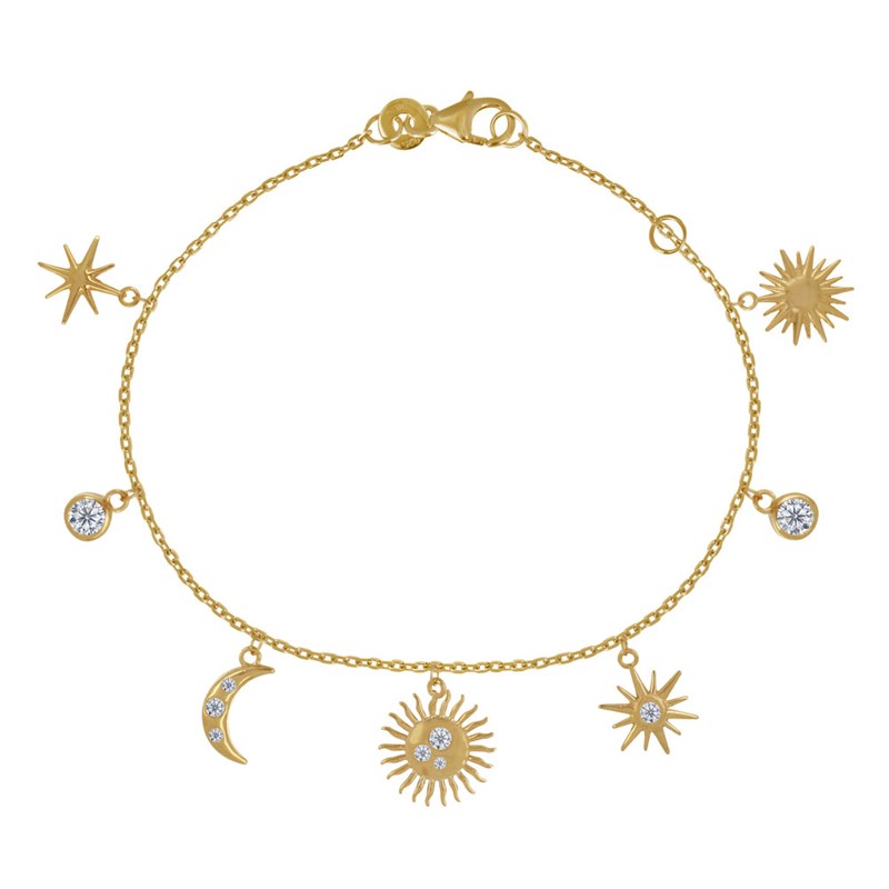 Bracelet Plaqué Or Breloques Soleils Lune et Strass