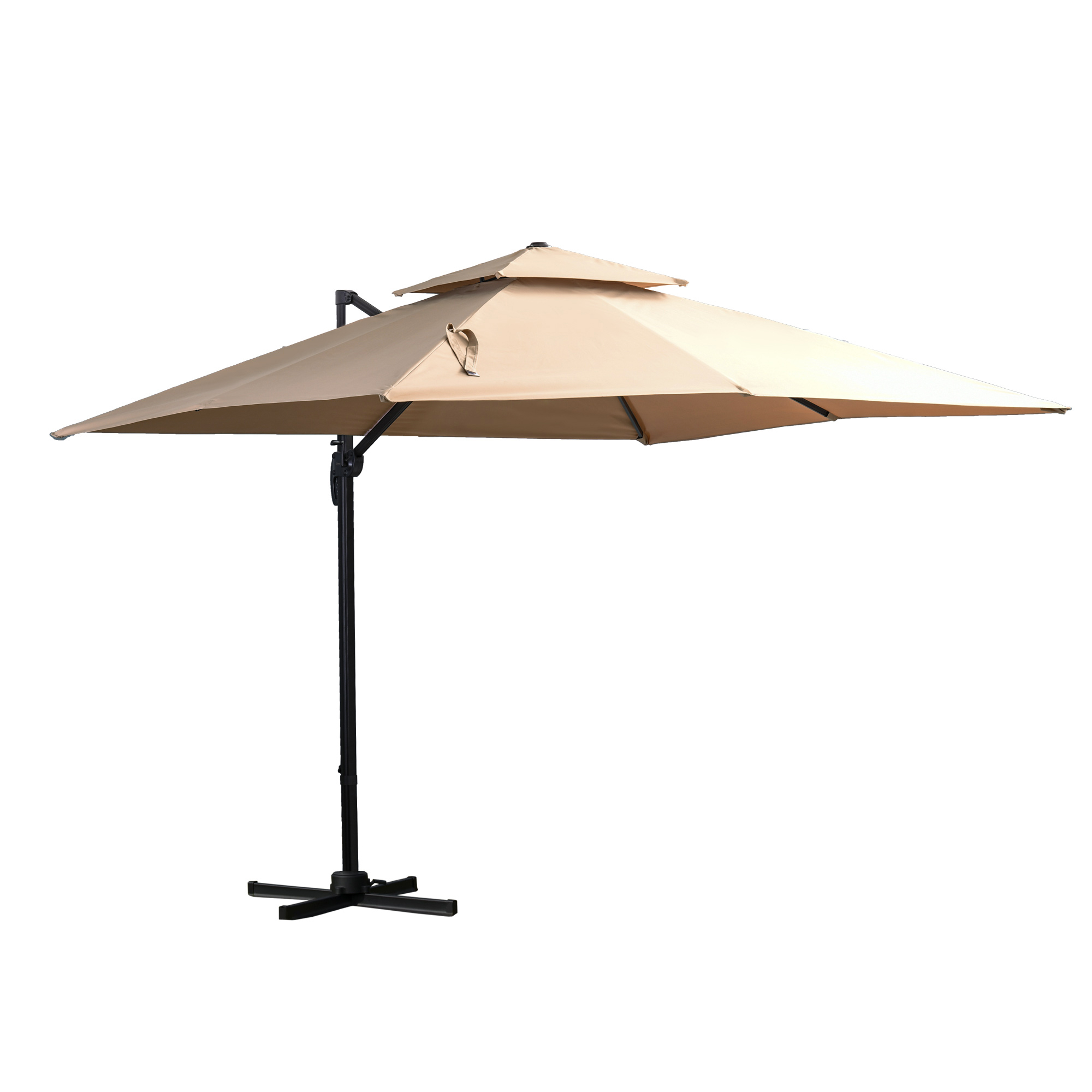 Guarda-sol de jardim Outsunny 300x300 cm em alumínio com manivela, mastro giratório 360°, cobertura dupla, inclinação em 6 posições e base cruzada incluída, cor cáqui.