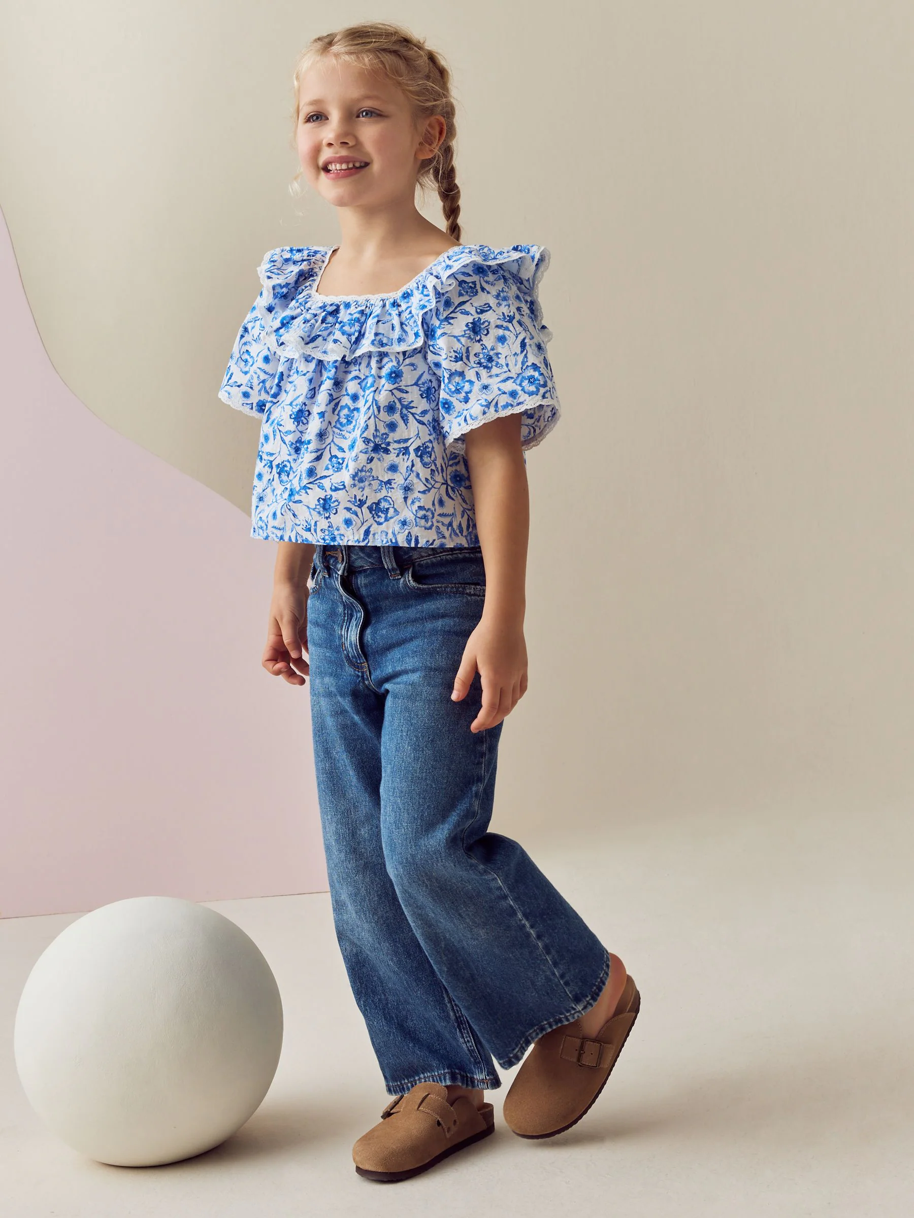 Zwart bloemenprint - Bedrukte katoenen blouse met ruches van (100% katoen) (3 - 16 jr)