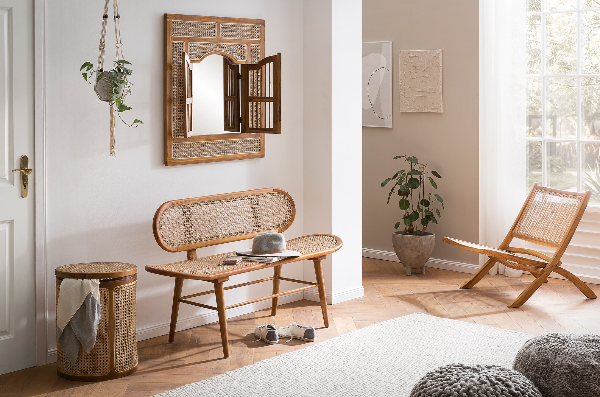 Sitzbank Rattan Teakholz Flurbank Dielenbank Esszimmer Bank Holzbank massiv