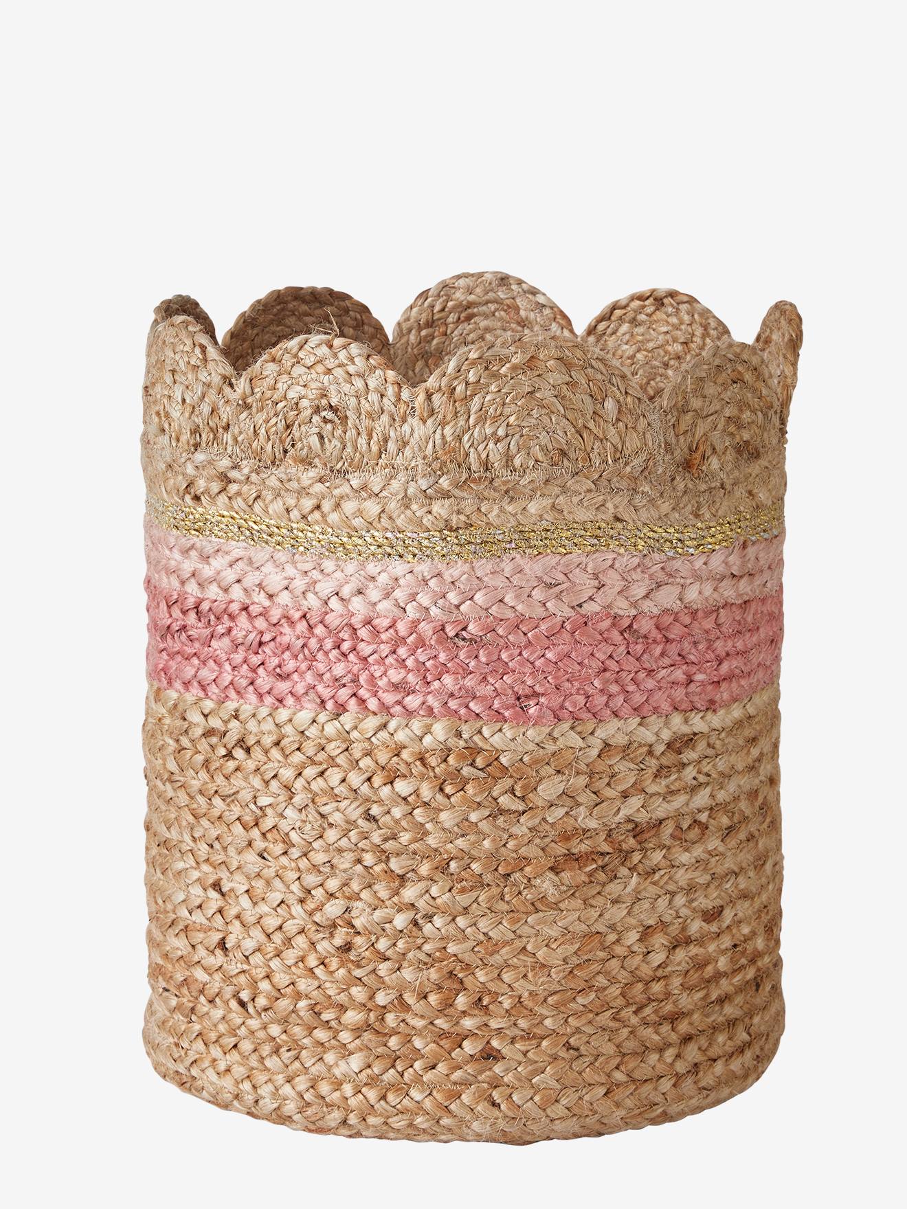 Cesta de juta recortada bicolor bege médio/multicolorida