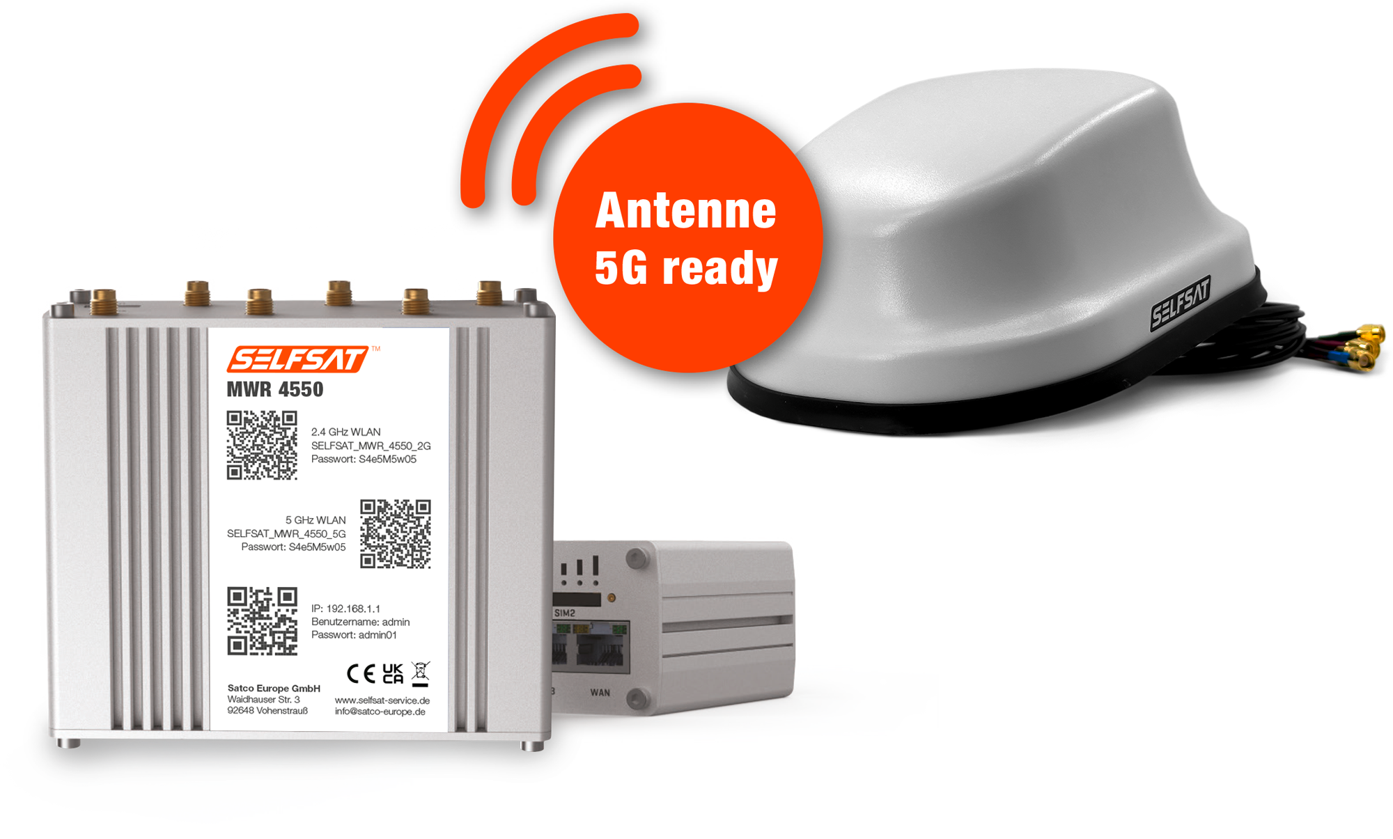 Selfsat 4G / LTE & WLAN Internet Router MWR 4550 Komplettset bis 300 Mbps inkl. 4G / 5G ready Dachantenne weiß