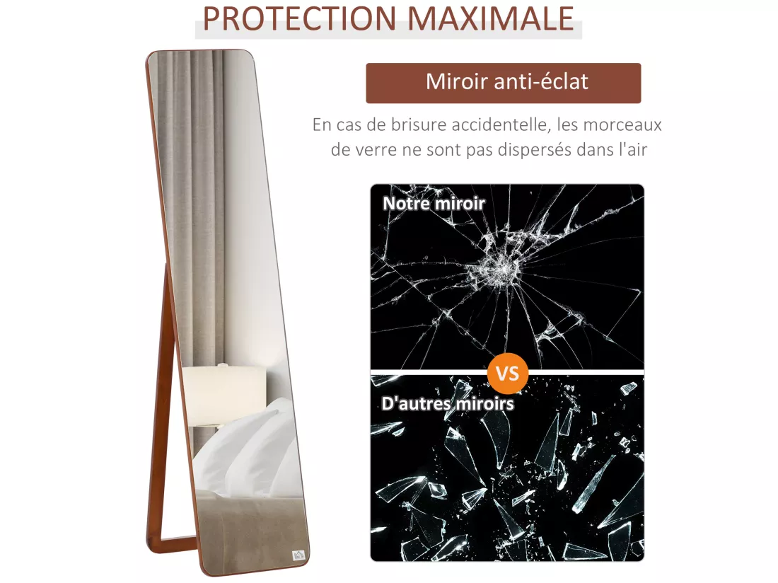 Miroir sur pied et mural rectangulaire dim. 37L x 43l x 156H cm verre MDF aspect noyer clair